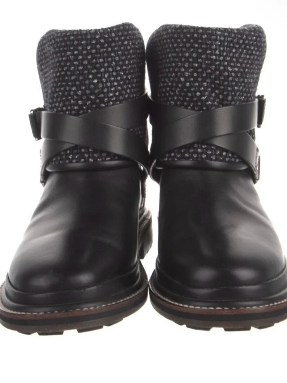 CHANEL Black Leather Ankle Boots with Heathered Gray Knit Cuff